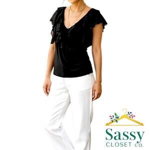 WHBM Black Ruffle Faux‑Wrap Flutter Sleeve Beaded Trim Top Size M EUC